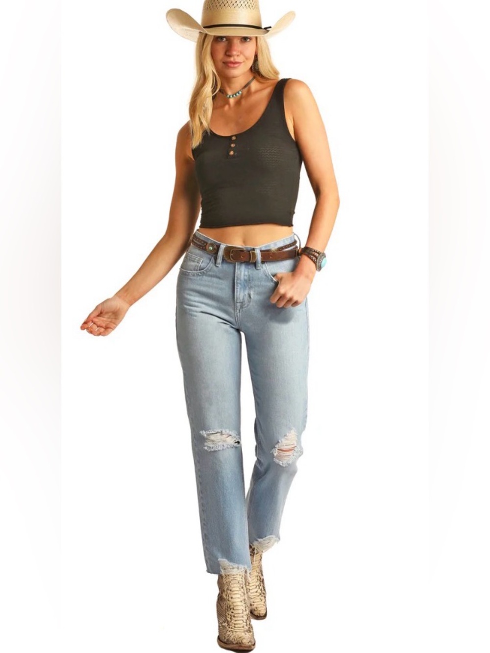 Rock & Roll Distressed Straight Crop Light Wash Jeans RRWD9HRZTP  size 25 x 25